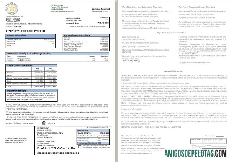 Extrato de hipoteca do Banco Central das Bahamas, 2 páginas, 1 2 Scr modelo